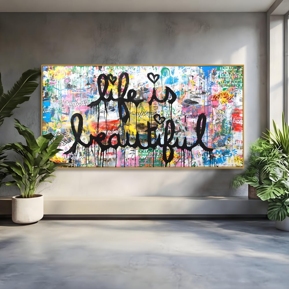 Tablou canvas cu tablou canvas cu graffiti motivational, in rama de aluminiu auriu